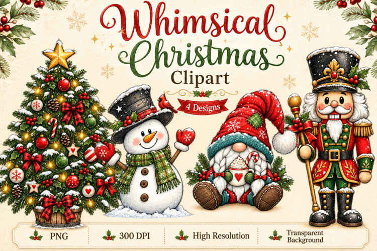 Whimsical Christmas Clipart PNG Christmas Tree, Snowman