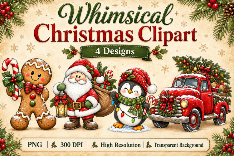 Whimsical Christmas Clipart PNG Santa, Penguin, Gingerbread