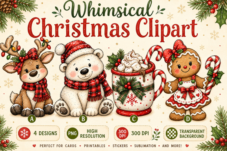 Whimsical Christmas Clipart PNG Reindeer, Polar Bear Sublima