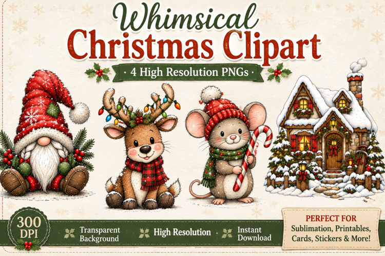 Whimsical Christmas Clipart PNG Gnome, Reindeer, Christmas