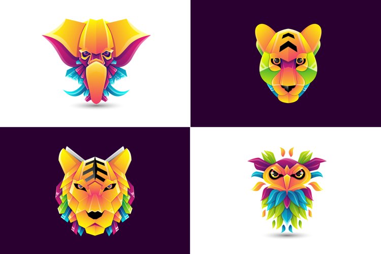 Set of animal logo colorful. elephant, Tiger, Leopard, Owl example image 1