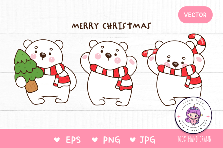 Set of Cute Polar bears Christmas animal kawaii clipart png