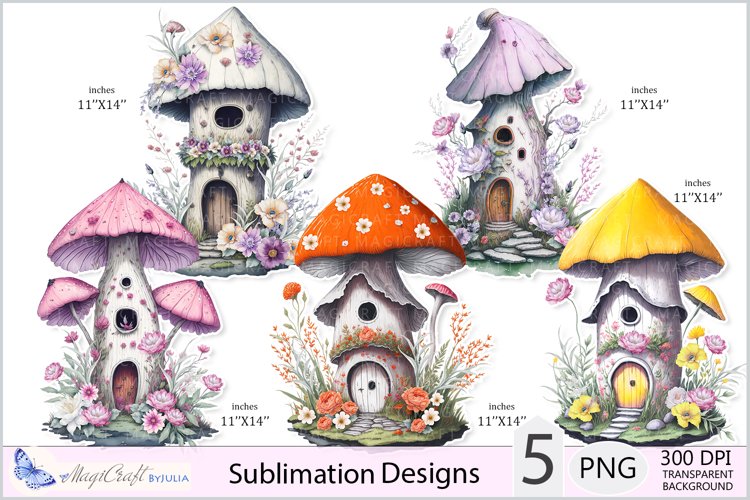 Fairy Mushroom Houses Sublimation|Mushroom House flowers png example image 1