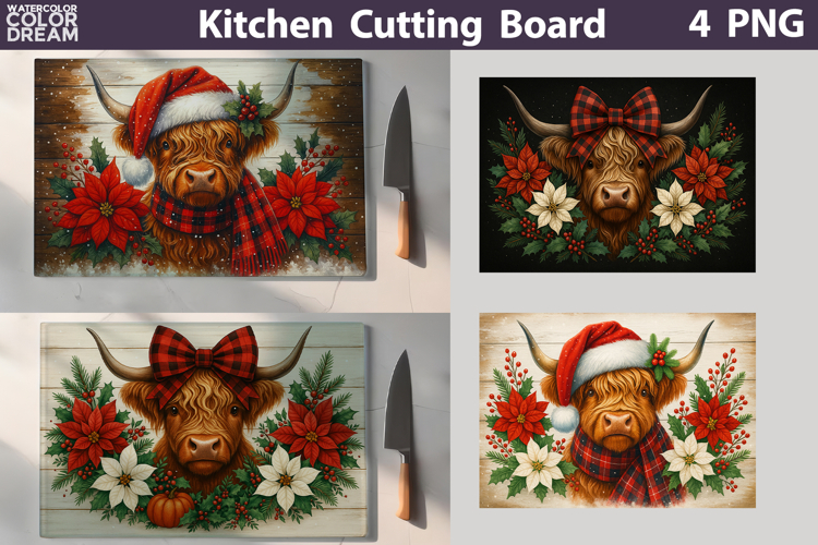 Christmas Poinsettia Highland Cow Cutting Board