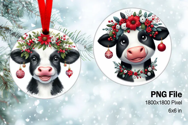 Christmas Cow Ornament Circle Cow Flower Decorate Tree