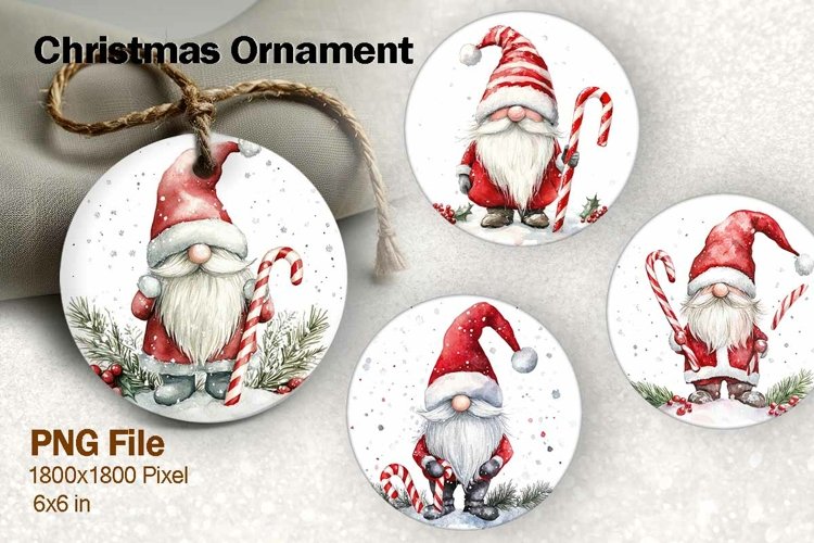 Gnome Santa Christmas Ornament Round Watercolor Sublimation example image 1