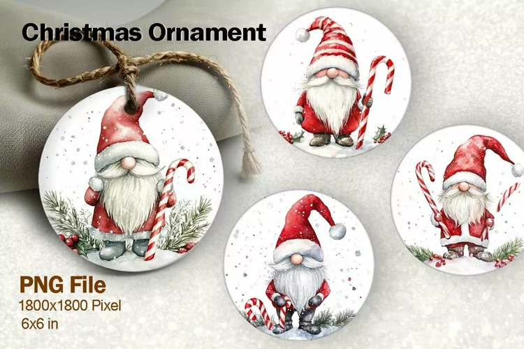 Gnome Santa Christmas Ornament Round Watercolor Sublimation
