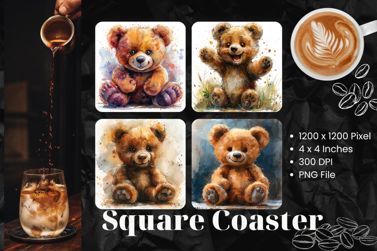 Cute Bear Square Coasters Accessories Watercolor Keychain_1