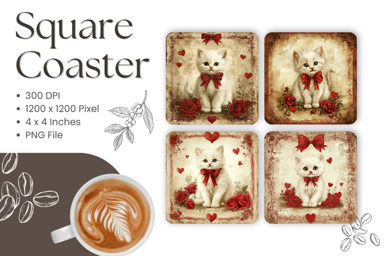 Cute Cat Square Coasters Accessories Valentine Cat Heart_1