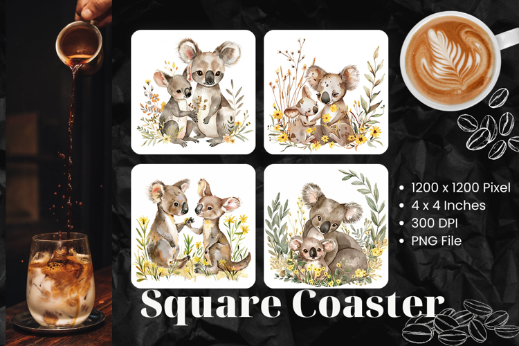 Koala Bear Square Coasters Accessories Keychain Watercolor