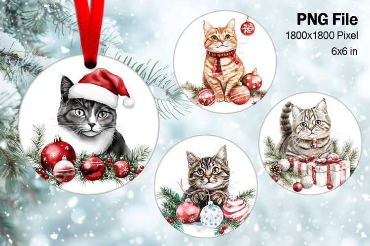 Cute Christmas Ornament Round Santa Cat Decorate Sublimation