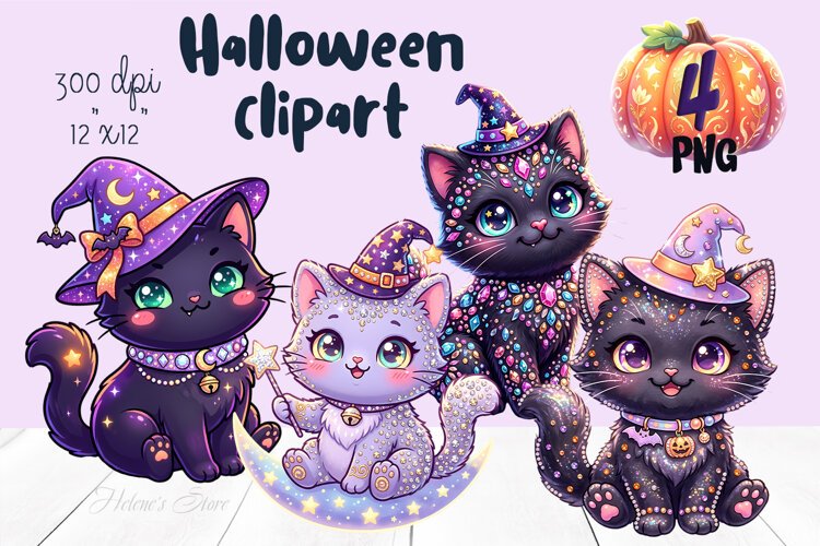 Cute Halloween clipart | Kawaii black cat sublimation design example image 1