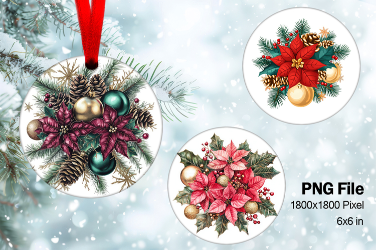 Christmas Ornament Poinsettia Flower Round Circle Decorate_2