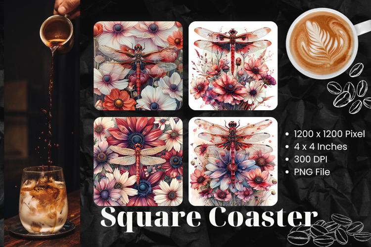 Dragonfly Flower Coasters Square Accessories Sublimation_2