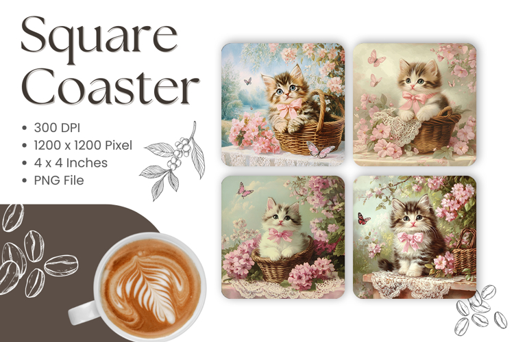 Cute Cat Square Coasters Accessories Valentine Cat Heart_2