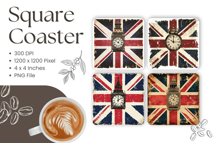Union Jack Flag Square Coasters United Kingdom British Flag example image 1