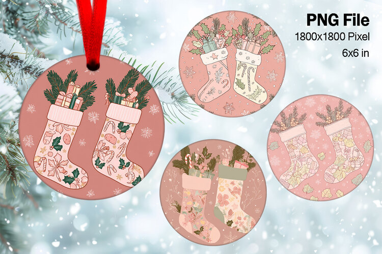 Family Christmas Ornament Stocking Design Round Watercolor29 example image 1