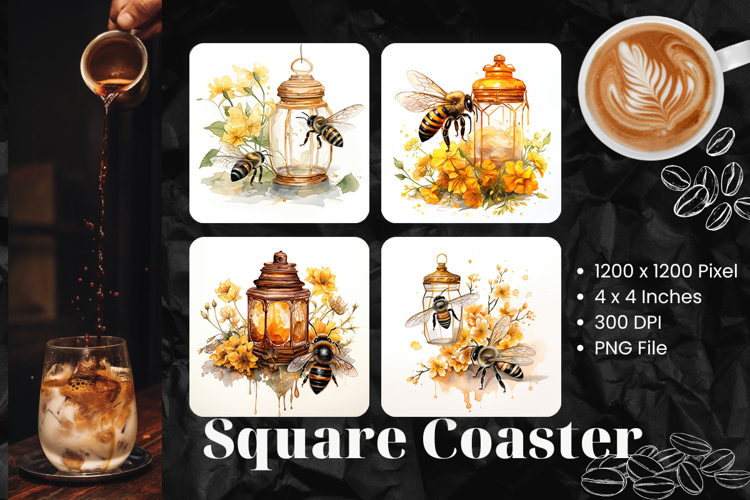 Honey Bee flower Square Coasters Accessories Keychain