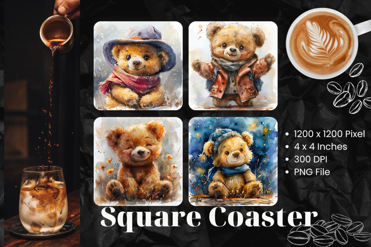 Cute Bear Square Coasters Accessories Watercolor Keychain_3