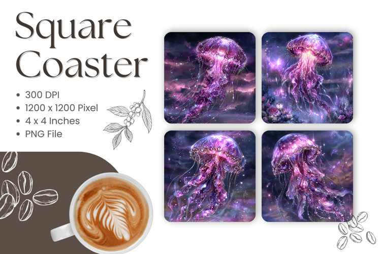Jellyfish Square Coasters Sea Keychain Ocean Sublimation