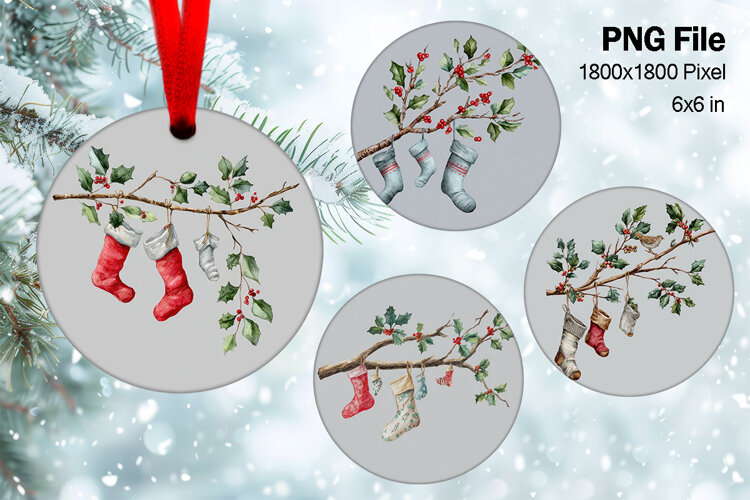 Family Christmas Ornament Stocking Design Round Watercolor31 example image 1