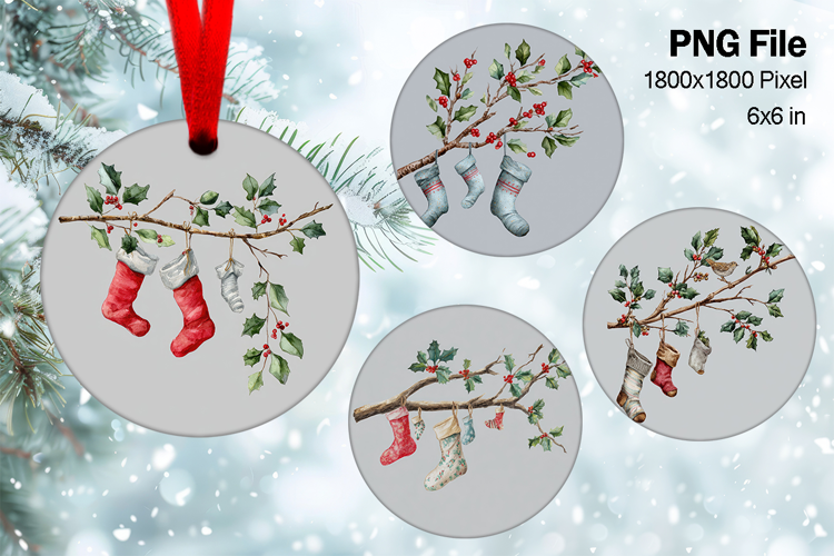 Family Christmas Ornament Stocking Design Round Watercolor31