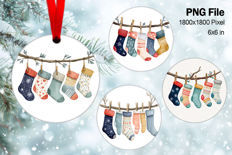 Family Christmas Ornament Stocking Design Round Watercolor32