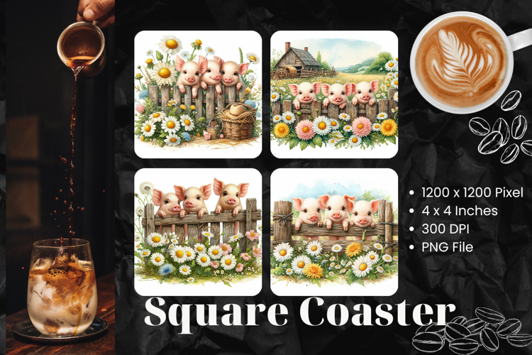 Pig Flower Square Coasters Accessories Keychain Farm Animal