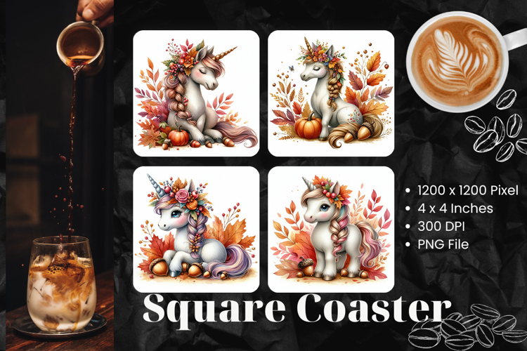 Cute Unicorn Square Coasters Accessories Pumpkin Keychain