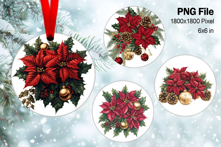 Christmas Ornament Poinsettia Flower Round Circle Decorate54