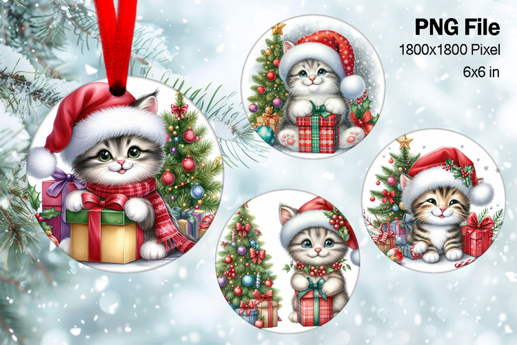 Cute Christmas Ornament Round Santa Cat Decorate Sublimation