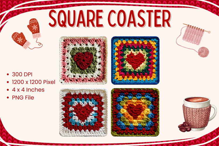 Heart Knit Square Coasters Crochet valentines day Keychain