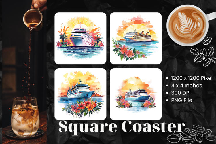 Cruise ship Square Coasters Sea Summer Keychain Ocean Sunset example image 1