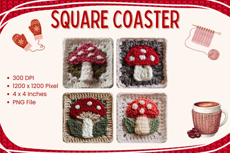 Mushroom Square Coasters Knit Crochet Keychain Accessories