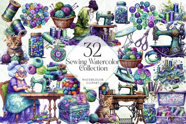 Sewing Watercolor Collection Sublimation example image 1