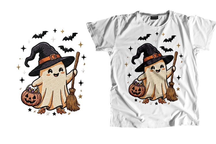 Embroidered Witch Ghost T-Shirt Sublimation PNG