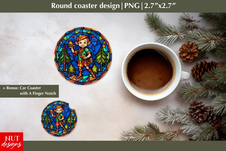 Stained glass Christmas round coaster, Elf Christmas coaster