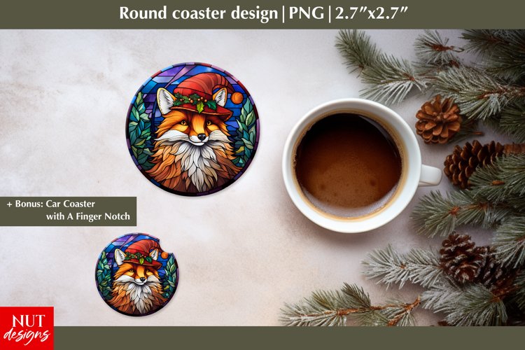 Stained glass Christmas round coaster, Fox Christmas coaster example image 1