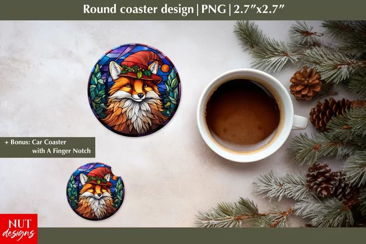 Stained glass Christmas round coaster, Fox Christmas coaster