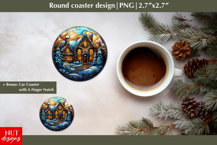 Winter house round coaster, Stained glass Christmas coaster