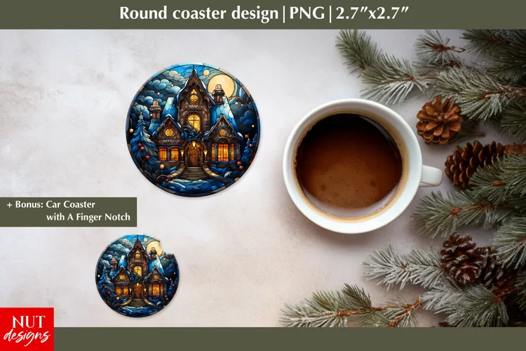 Stained glass Christmas round coaster, Christmas house