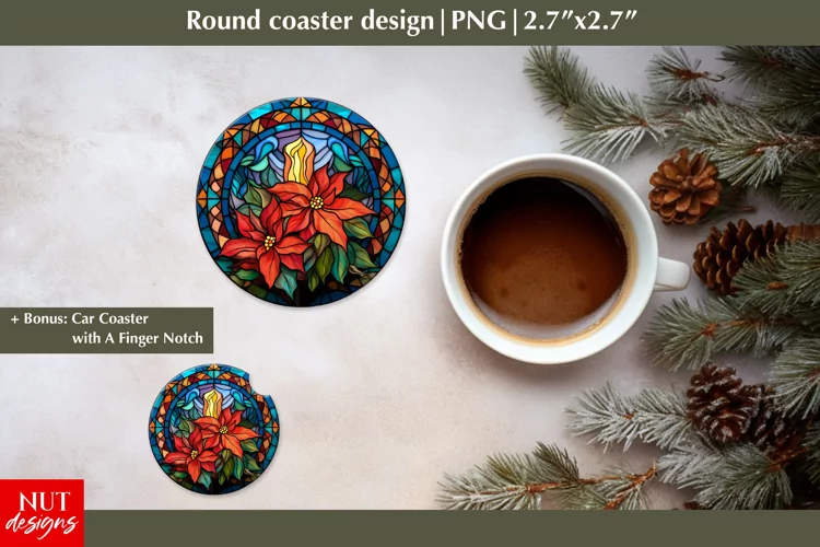 Poinsettia Christmas round coaster, Christmas car coaster