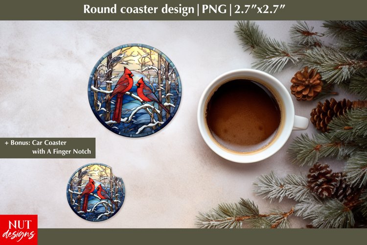 Cardinal bird Christmas round coaster, Christmas car coaster example image 1