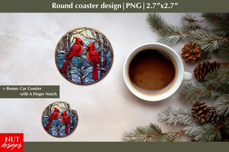 Cardinal bird Christmas round coaster, Christmas car coaster