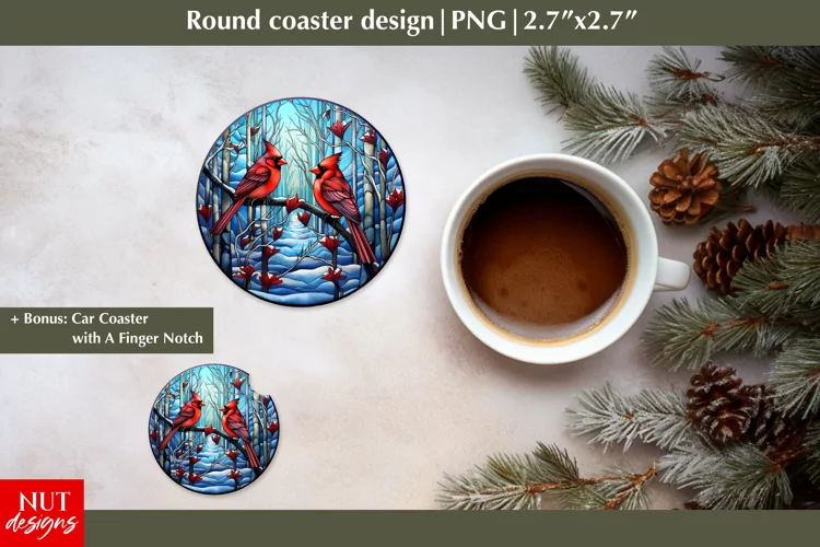 Cardinal bird Christmas round coaster, Christmas car coaster