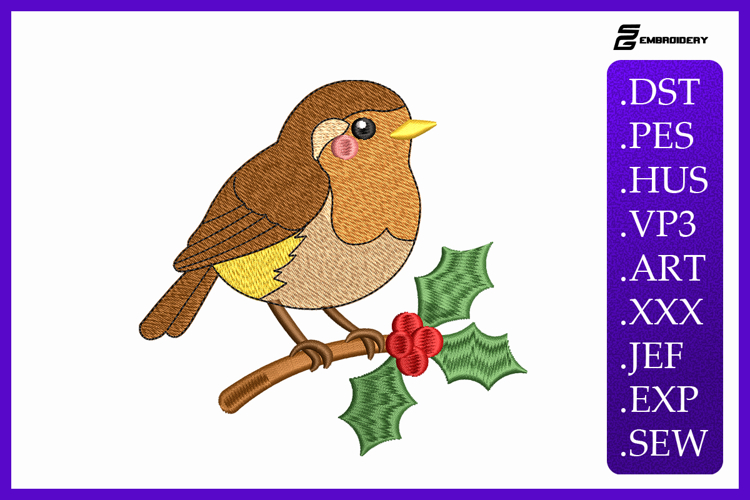 Cute Bird with Holly Embroidery Designs For Machine