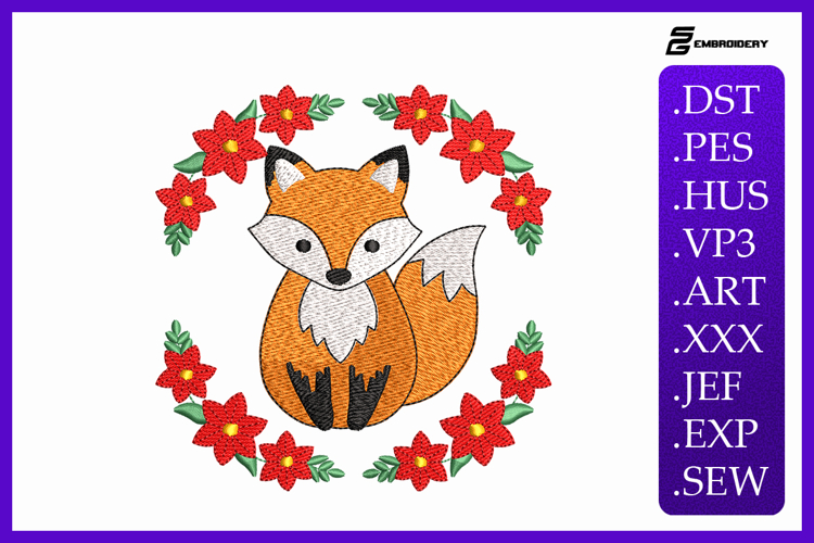 Christmas Fox Floral Wreath Embroidery Designs For Machine