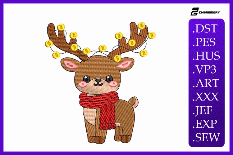 Kawaii Christmas Deer Embroidery Designs