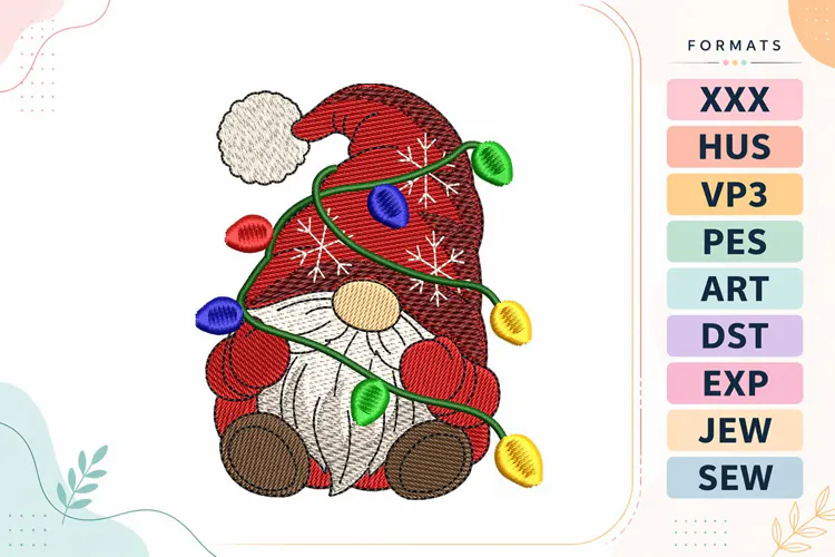 Christmas Gnome with Lights Embroidery Design - Small size
