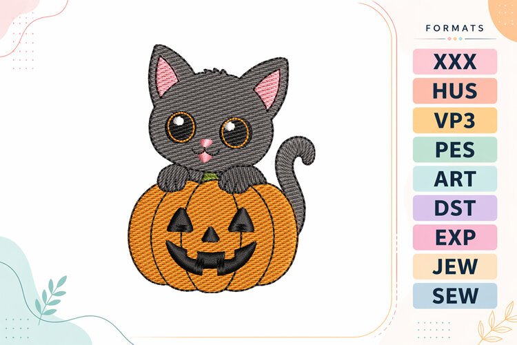 Mini Halloween Cat and Pumpkin Embroidery Designs example image 1